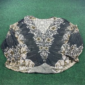 Free People Black Floral Embroidered V-Neck Blouse